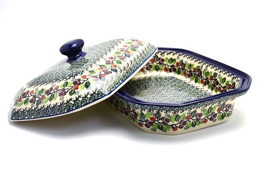 Polish Pottery Baker - Rectangular Covered - Large - Burgundy Berry Green