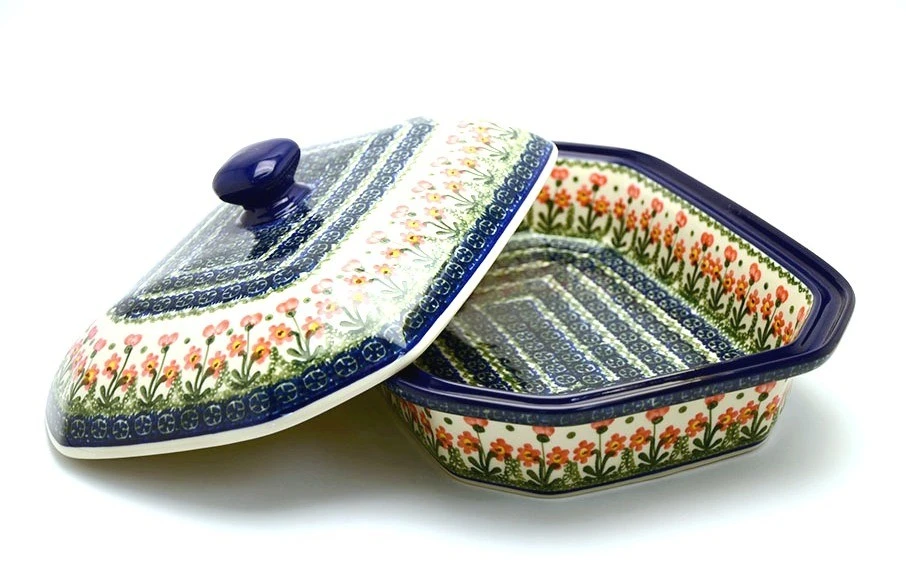 Polish Pottery Baker - Rectangular Covered - Large - Peach Spring Daisy 1 Polish Pottery Baker - Rectangular Covered - Large - Peach Spring Daisy