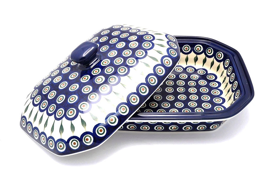 Polish Pottery Baker - Rectangular Covered - Large - Peacock
