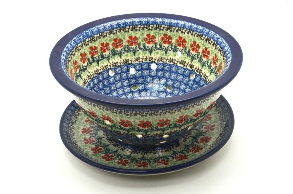 Polish Pottery Berry Bowl With Saucer - Maraschino 1 Polish Pottery Berry Bowl With Saucer - Maraschino