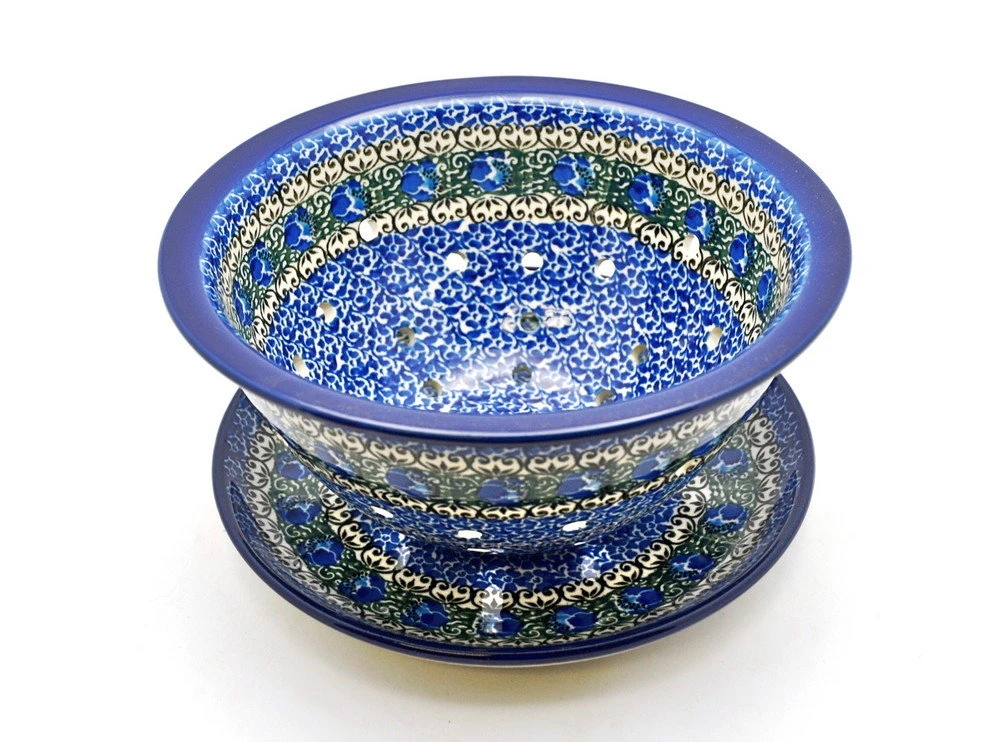 Polish Pottery Berry Bowl With Saucer - Peacock Feather 1 Polish Pottery Berry Bowl With Saucer - Peacock Feather