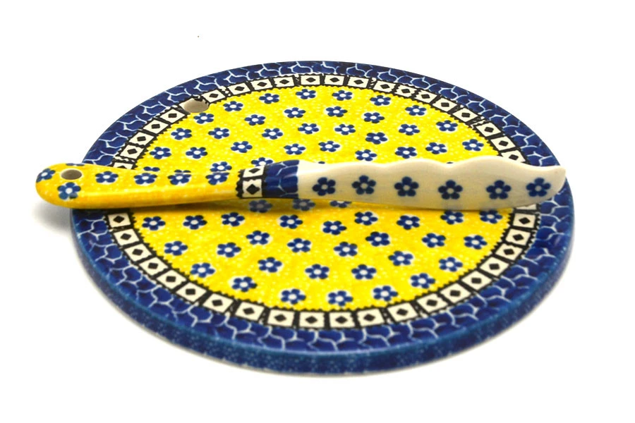 Polish Pottery Cheese Board & Spreader Set - Sunburst 1 Polish Pottery Cheese Board & Spreader Set - Sunburst