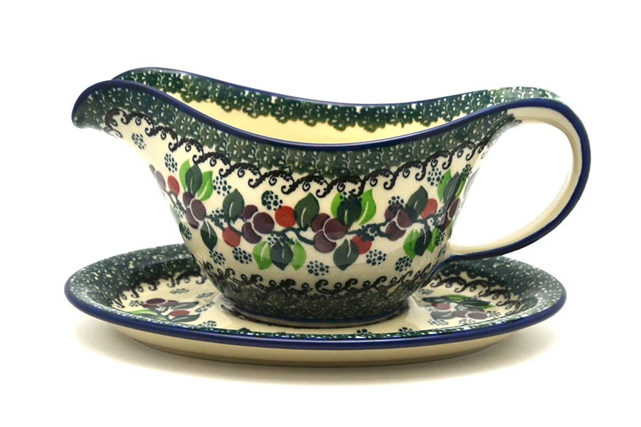 Polish Pottery Gravy Boat - Burgundy Berry Green