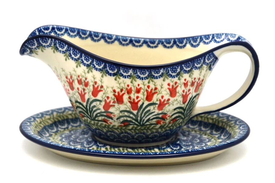 Polish Pottery Gravy Boat - Crimson Bells 1 Polish Pottery Gravy Boat - Crimson Bells
